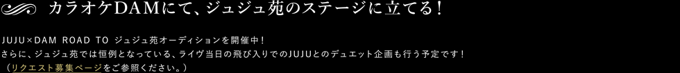 JUJU×DAM ROAD TO ジュジュ苑オーディションを開催中！
さらに、ジュジュ苑では恒例となっている、ライヴ当日の飛び入りでのJUJUとのデュエット企画も行う予定です！
（リクエスト募集ページをご参照ください。）